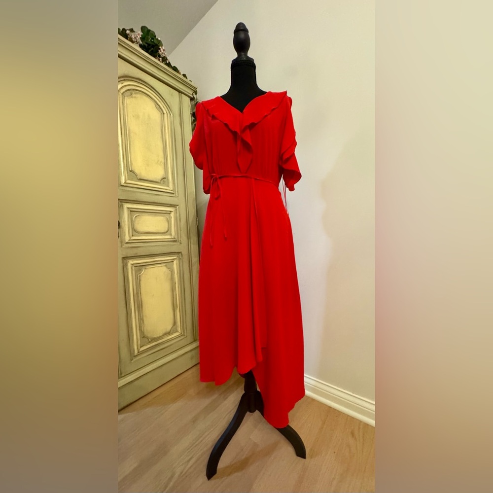 ABS Allen Schwartz Red Ruffle V-Neck Maxi Dress with Tie